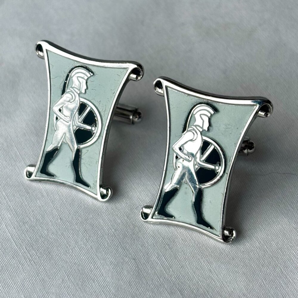 Vintage SWANK Silver Tone Light Blue Enamel Spartan Gladiator Cufflinks